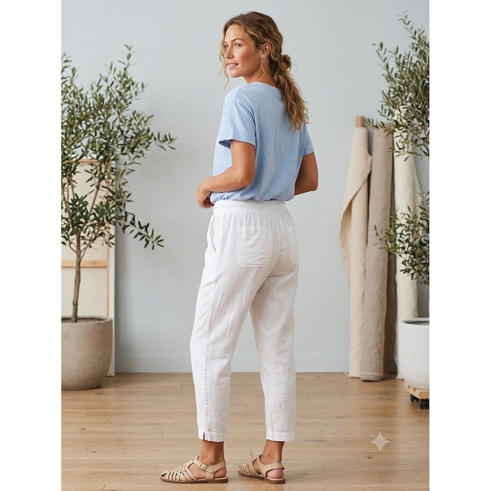J.Jill Women's M White Cotton Drawstring Elastic Waist Tapered Pants Pockets
